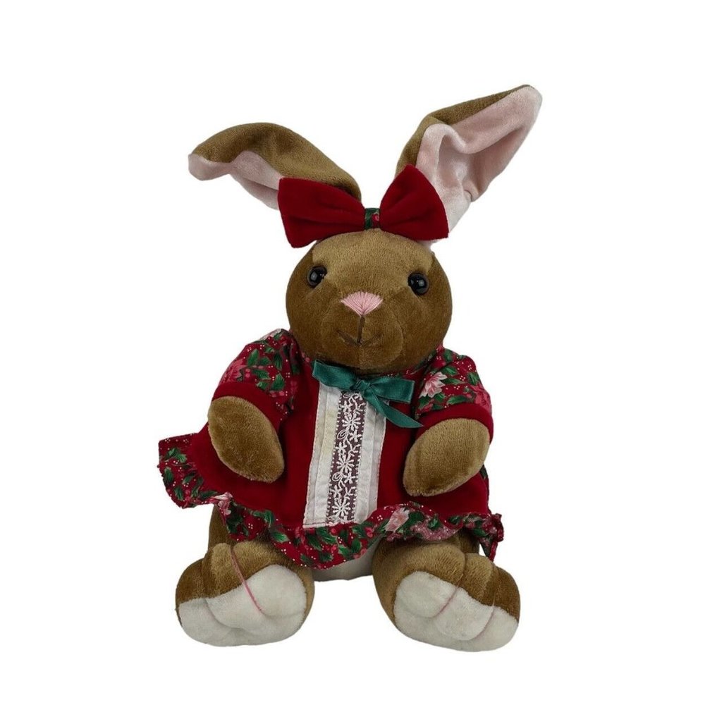 Commonwealth Velveteen Rabbit 12”‎ Plush Bunny Red Floral Dress Bow Vtg 1995